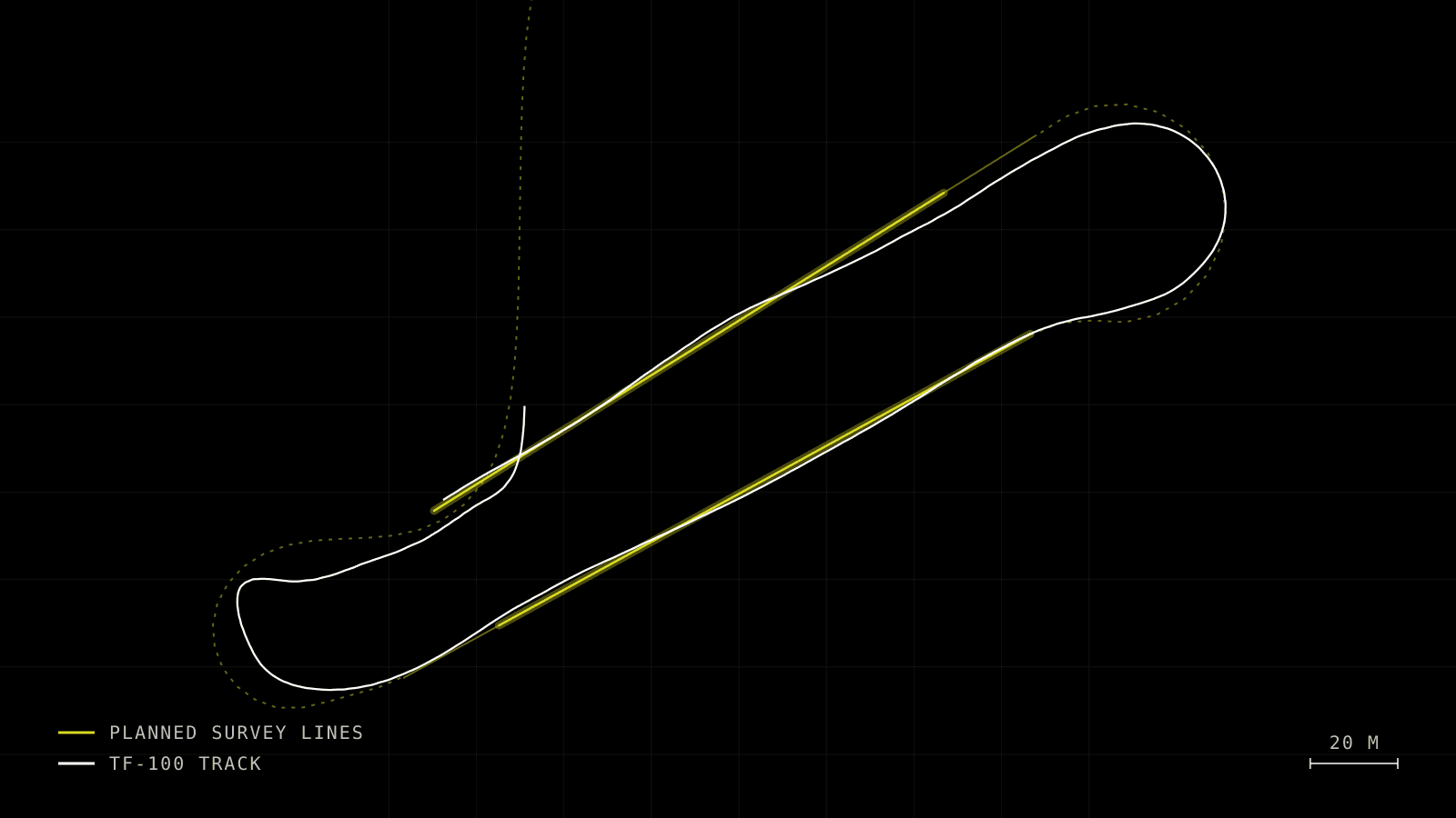 First survey, 16 October 2026: planned survey lines (lime) and TF-100's track (white)