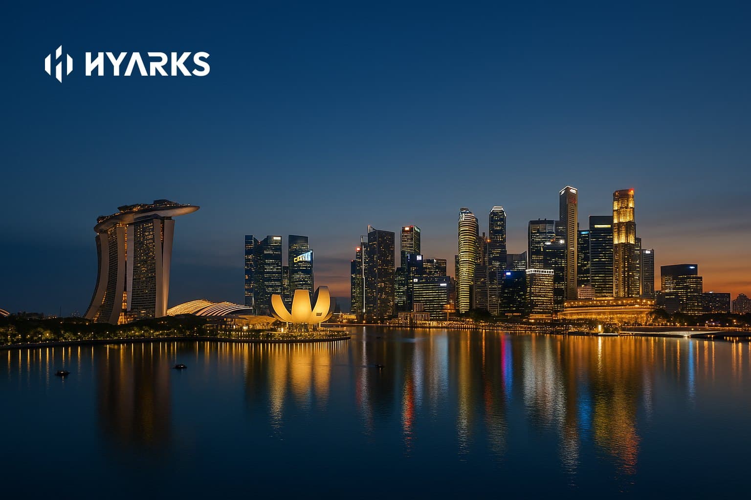 Illustration: the Singapore Marina Bay skyline at dusk with the Hyarks logo