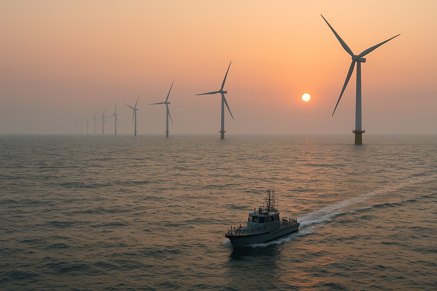 Illustration of a survey vessel running a line past offshore wind turbines at dawn